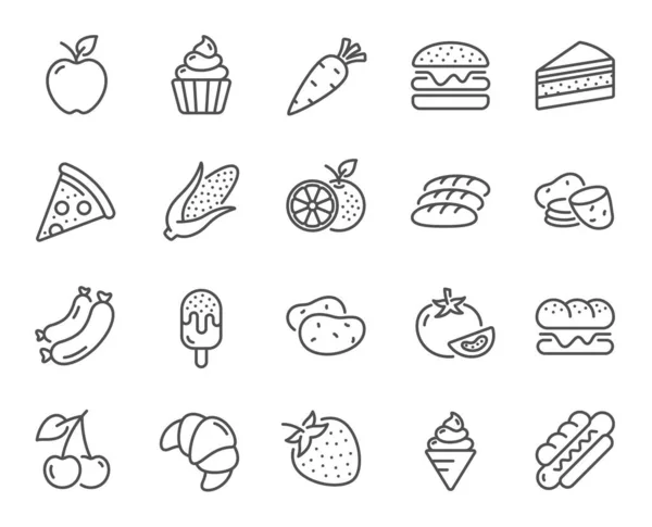 Iconos Línea Comida Iconos Verduras Frutas Postres Dulces Rodajas Patata — Vector de stock