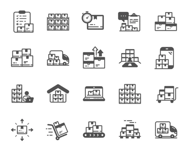 Ikony Inwentarza Kierownik Magazynu Sprzedaż Hurtowa Lista Towarów Logistyka Dostaw — Wektor stockowy