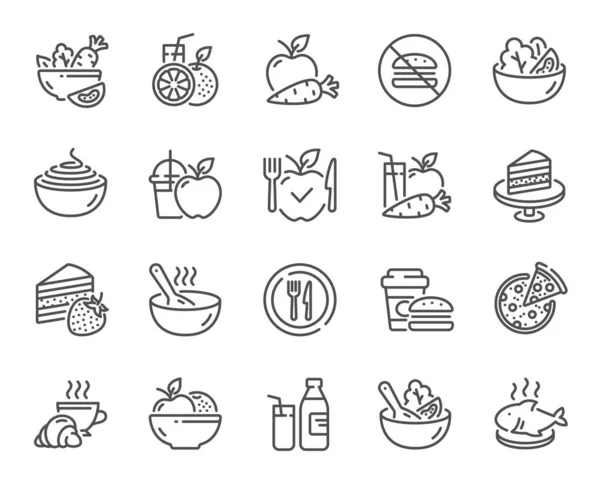 Iconos Línea Comida Plato Verduras Comida Poke Bowl Ensalada Saludable — Vector de stock