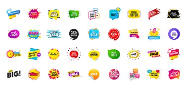 İndirimli etiket pankartları. Fiyat indirimi etiketleri. Kara Cuma özel teklif etiketleri. İndirimli balon kuponu. Promosyon indirimli afiş şablonları tasarımı. Promosyon teklif etiketi. Flaşlı rozetler. Vektör