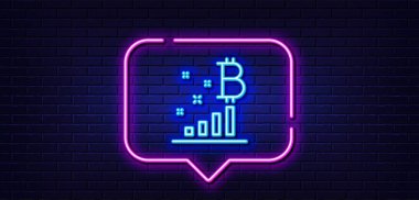 Neon ışığı konuşma balonu. Bitcoin grafik çizgisi simgesi. Kripto para analiz imzası. Kripto para sembolü. Neon ışıklı arka plan. Bitcoin grafik parlama hattı. Tuğla duvar afişi. Vektör