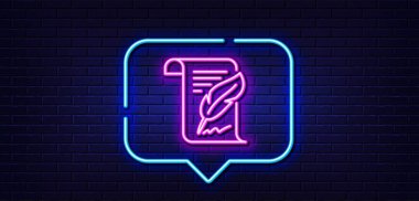 Neon ışığı konuşma balonu. Tüy imza çizgisi simgesi. Kopya yazma işareti. Geri bildirim sembolü. Neon ışıklı arka plan. Tüylü ışıltı hattı. Tuğla duvar afişi. Vektör