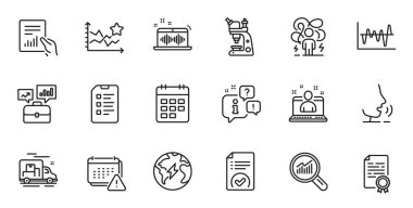 Web uygulaması için müzik yapma, takvim ve denetleme satırı simgelerinin ana hatları. Konuşma, bilgi, teslimat kamyonu taslak ikonu. Belge, Onaylanmış belge, Sıralama Yıldızları simgeleri içerir. Vektör
