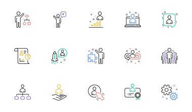 Yönetim çizgisi simgeleri. İş adamları, Algoritma ve Grup. Başlangıç stratejisi doğrusal simge seti. İki renkli ağ elementleri. Vektör