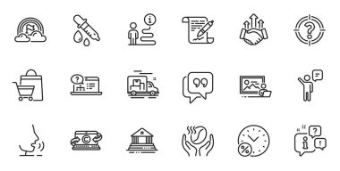 Yüzde kredilerin ana hatları, mahkeme binası ve web başvurusu için anlaşma çizgisi simgeleri. Konuşma, bilgi, teslimat kamyonu taslak ikonu. Kopyalama defteri, kimya pipeti, Lgbt simgeleri içerir. Vektör