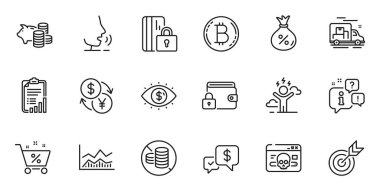 Web uygulaması için Zor Stres, Kredi ve İş Görüşü simgeleri ana hatları. Konuşma, bilgi, teslimat kamyonu taslak ikonu. Alınan Ödeme dahil, Nakit yok, Kilit simgeleri. Vektör