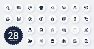 Smartphone, Smile chat ve Seo grafik düz ikonlar gibi iş simgeleri. Kurtarma bilgisayarı, temassız ödeme, Sadakat Yıldız Ağı elementleri. El, kalp atışı, reçeteli ilaç işaretleri. Vektör
