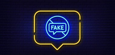 Neon ışığı konuşma balonu. Sahte haber ikonu. Propaganda komplosu işaretini durdur. Yanlış doğruluk sembolü. Neon ışıklı arka plan. Sahte haber kıvılcımı. Tuğla duvar afişi. Vektör