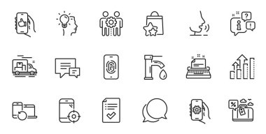 Web uygulaması için ana hatlı analiz çizelgesi, parmak izi ve çalışanların takım çalışması simgeleri. Konuşma, bilgi, teslimat kamyonu taslak ikonu. Seo telefonu, fikir, seyahat kredi simgeleri dahil. Vektör