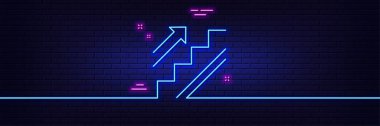 Neon ışık efekti. Merdiven çizgisi ikonu. Alışveriş merdiveni tabelası. Giriş ya da Çıkış sembolü. 3D çizgi neon ışıklı ikon. Tuğla duvar afişi. Merdiven çizgisi. Vektör