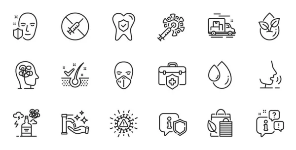Webアプリケーションのための歯科保険 医療保険 コロナウイルスラインアイコンの概要セット トーク 配送トラックの概要アイコン ベクトル — ストックベクタ