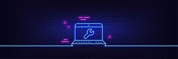 Neon Fényeffektus Spanner Szerszám Vonal Ikon Laptop Javítási Szolgáltatás Tábla — Stock Vector