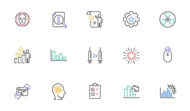 İnternet sitesi, yazdırma, yüz tanıma ve arama satırı simgeleri. Kontrol Listesi Koleksiyonu, Coronavirus, Ayarlar vites simgeleri. El doktoru, Coronavirus istatistikleri, Stress web elementleri. Vektör