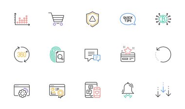 İnternet sitesi, baskı için pazar satışı, denetim ve sosyal medya hattı simgeleri. Bitcoin sistemi koleksiyonu, saat zili, 360 derece ikon. Nokta çizimi, aşağı kaydır, Seo vites ağı elementleri. Vektör