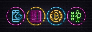 Gelen arama, açık kapı ve Bitcoin minimal hat simgeleri. Neon lazer 3D ışıklar. Oylama simgeleri. İnternet, uygulama, baskı için. Telefon desteği, giriş, kripto para. Oylama listesi. Vektör