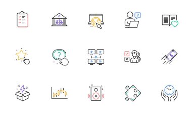 Çevrimiçi soru, İnternet ve Mahkeme web sitesi ve baskı için imar çizgisi simgeleri. Aşk Kitabı Koleksiyonu, Kontrol Listesi, Strateji simgeleri. Hızlı ödeme, konuşmacılar, Candlestick grafik web elemanları. Vektör