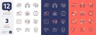 Havai fişek seti, yüz biyometrisi ve rüzgarlı hava çizgisi simgeleri. Yemek teslimatı, ekip çalışması, ekmek ikonları dahil. Toptan ürünler, saç kurutma makinesi, Checkbox web elementleri. Vektör