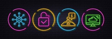 Kilitle, Röportaj ve çok kanallı minimal satır simgeleri. Neon lazer 3D ışıklar. Bulut depolama simgeleri. İnternet, uygulama, baskı için. Onaylanmış erişim, iş görüşmesi, birden fazla iş. Bilgisayar. Vektör