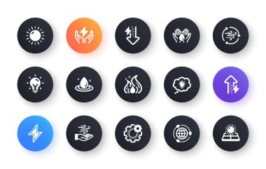 Enerji simgeleri. Güneş panelleri, rüzgar enerjisi ve elektrik şimşeği. Ateş, tehlike, yeşil ekoloji ikonları. Klasik bir set. Web düğmelerini çember yapın. Vektör