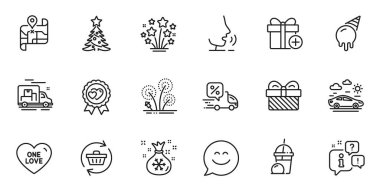Web uygulaması için Ekle hediyesi, Harita ve Noel Baba çuval çizgisi simgeleri. Konuşma, bilgi, teslimat kamyonu taslak ikonu. Hediye, Tek Aşk, Noel ağacı ikonları da dahil. Vektör