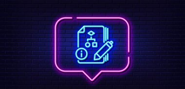 Neon ışığı konuşma balonu. Algoritma çizgisi simgesi içeren belgeler. Teknik talimat işareti. Neon ışıklı arka plan. Algoritma parlama hattı. Tuğla duvar afişi. Vektör