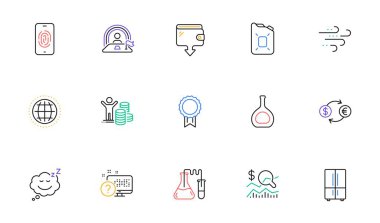 Web sitesi, baskı için uyku, parmak izi ve konyak hattı simgeleri. Kimya laboratuvarı koleksiyonu, yatırımı kontrol et, rüzgarlı hava ikonları. Ödül, buzdolabı, cüzdan web elementleri. Vektör