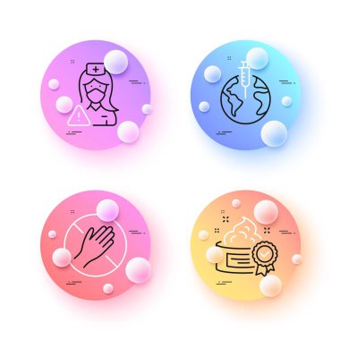 Krema, hemşire ve çizgi simgelerine dokunma. 3 boyutlu küreler ya da top düğmeleri. Pandemik aşı ikonları. İnternet, uygulama, baskı için. En iyi losyon, tıbbi maske, temiz el. Vektör