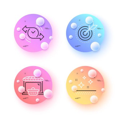 Zamanlayıcı, temiz cilt ve çevrimiçi pazar simgeleri. 3 boyutlu küreler ya da top düğmeleri. Hedef amaç simgeleri. İnternet, uygulama, baskı için. Kronometre, yüz kremi, alışveriş arabası. İş odaklı. Vektör