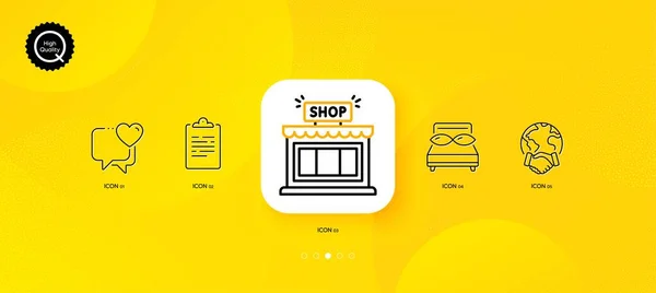 Tienda Corazón Negocios Globales Iconos Línea Mínima Fondo Abstracto Amarillo — Vector de stock