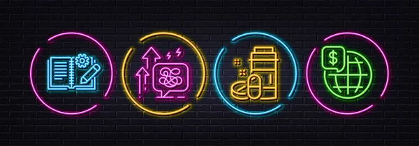 Mérnöki Dokumentáció Stressz Növekszik Orvosi Gyógyszerek Minimális Vonal Ikonok Neon — Stock Vector