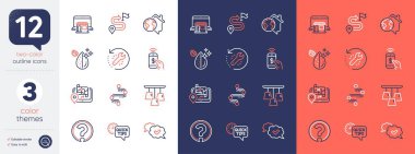 Soru işareti, Pazar yeri ve Tavan arası lamba çizgisi simgeleri. GPS, zaman çizelgesi, telefon ödeme simgeleri dahil. Kurtarma aracı, Seyahat, Evde Çalışan web elementleri. Hızlı tüyolar, kirli su, onaylandı. Vektör