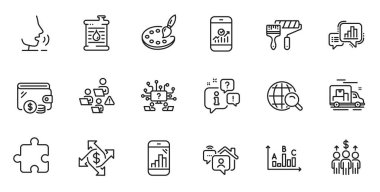 İnternet arama seti, grafik çizelgesi ve web uygulaması için takım çalışması simgeleri. Konuşma, bilgi, teslimat kamyonu taslak ikonu. Vektör