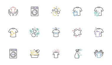 Çamaşır çizgisi simgeleri. Kurutucu, çamaşır makinesi ve kirli gömlek. Çamaşırhane, el yıkama, çamaşır servisi ikonları. Doğrusal küme. İki renkli ağ elementleri. Vektör