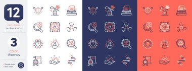 Daktilo, kimya deneyi ve soru işareti simgeleri seti. Bilgisayar fanı, kimyasal tehlike, sertifika simgeleri dahil. Tıbbi maske, zaman çizelgesi, alkol bağımlılığı web elementleri. Vektör