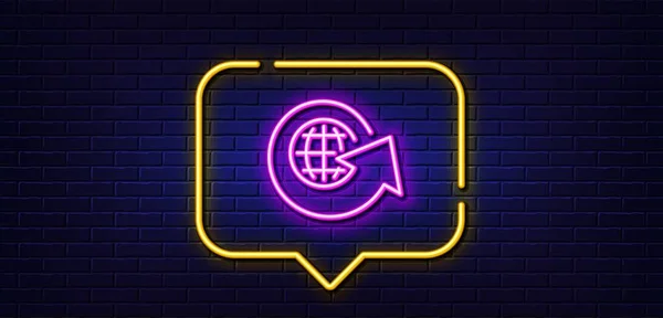 ネオンライトスピーチバブル グローバルビジネスラインアイコン 矢印の記号を共有します 世界のシンボル ネオンの背景 世界のグローブライン レンガの壁のバナー ベクトル — ストックベクタ
