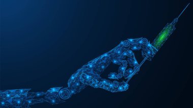 Şırınga robotun elinde. Tıpta yapay zeka kullanımı. Birbirine bağlı çizgi ve noktaların çokgen yapısı. Mavi arkaplan.