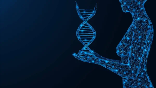 女性は手にDnaスパイラルを持っています 遺伝子研究 相互接続線と点の多角形構造 青の背景 — ストックベクタ