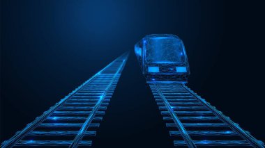 Raylarda giden bir tren. İki yönlü bir tren yolu. Birbirine bağlı çizgilerin ve noktaların düşük polimerli yapısı. Mavi arkaplan.