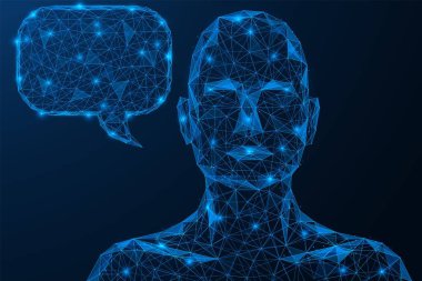 Sanal engelleyici. İnternet asistanı mesaj gönderiyor. Birbirine bağlı çizgi ve noktaların çokgen yapısı. Mavi arkaplan.