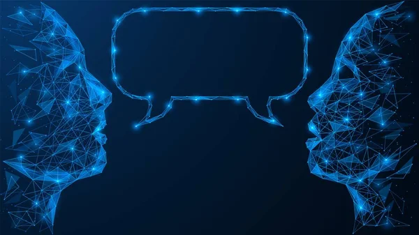 Sosyal ağda ortak bir sohbet. Çizgilerin ve noktaların çokgen dizaynı. Mavi arkaplan.