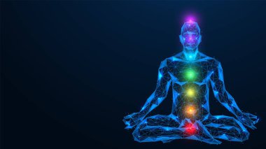 Nilüfer pozisyonunda meditasyon. Yoga pratiği. Birbirine bağlı çizgi ve noktaların çokgen tasarımı. Mavi arkaplan.