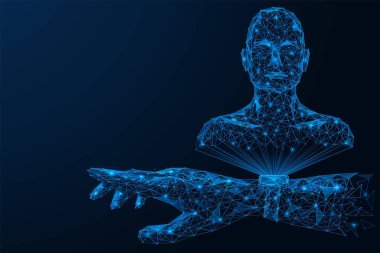 Elinde bir hologram olan akıllı bir saat. Yapay zekaya sahip bir cihaz. Birbirine bağlı çizgi ve noktaların çokgen tasarımı. Mavi arkaplan.