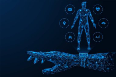 Akıllı seğiren bir adamın hologramı. Cihazın bilgileri ve işlevleri. Birbirine bağlı çizgi ve noktaların çokgen tasarımı. Mavi arkaplan