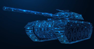 Askeri tank. Zırhlı savaş aracı. Birbirine bağlı çizgi ve noktaların çokgen tasarımı. Mavi arkaplan.