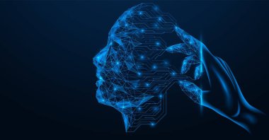 Yapay zeka programlama süreci. Elin bir kontrol aracına dönüştürülmesi. Yazılı devre kartı bir insanın yüz hatlarını oluşturur. Zihin kontrolü. Çokgen tasarım.