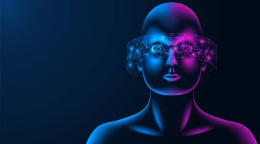 Metaverse, sanal gerçeklik gözlükleri. Gelecekçi çokgen VR kasklı bir adam. Geleceğin teknolojisi..