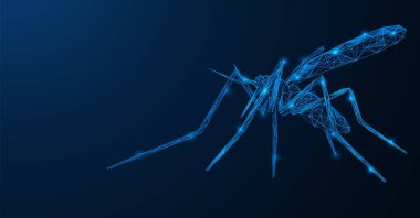 Sivrisinek. İki kanatlı, kan emici bir böcek. Birbirine bağlı çizgi ve noktaların çokgen tasarımı. Mavi arkaplan.