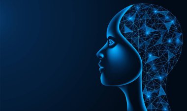 Makine-insan melezi. Bir kadının yüzüne sahip yapay zeka. Çokgen tasarım. Mavi arkaplan.