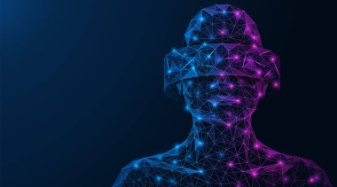 Metaverse, sanal gerçeklik siber gözlüğü takan biri. Birbirine bağlı çizgi ve noktaların düşük-poli tasarımı.