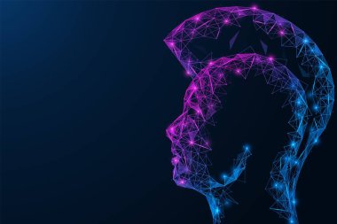 Fütürist dijital siber punk. Mohawk saç stili bir cyborg. Sibernetik istihbarat. Birbirine bağlı çizgi ve noktaların çokgen tasarımı.